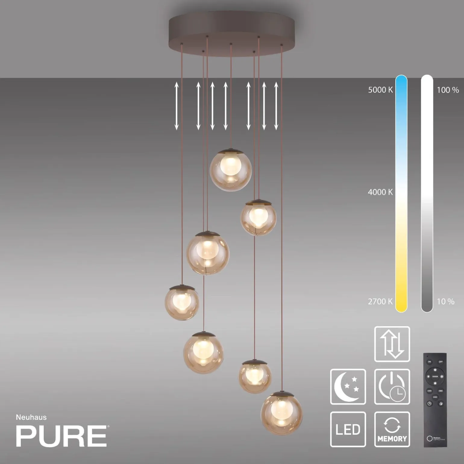 Kaskadowa lampa na pilota, z regulacją światła i wysokości BRĄZOWA (2587-97) - Paul Neuhaus