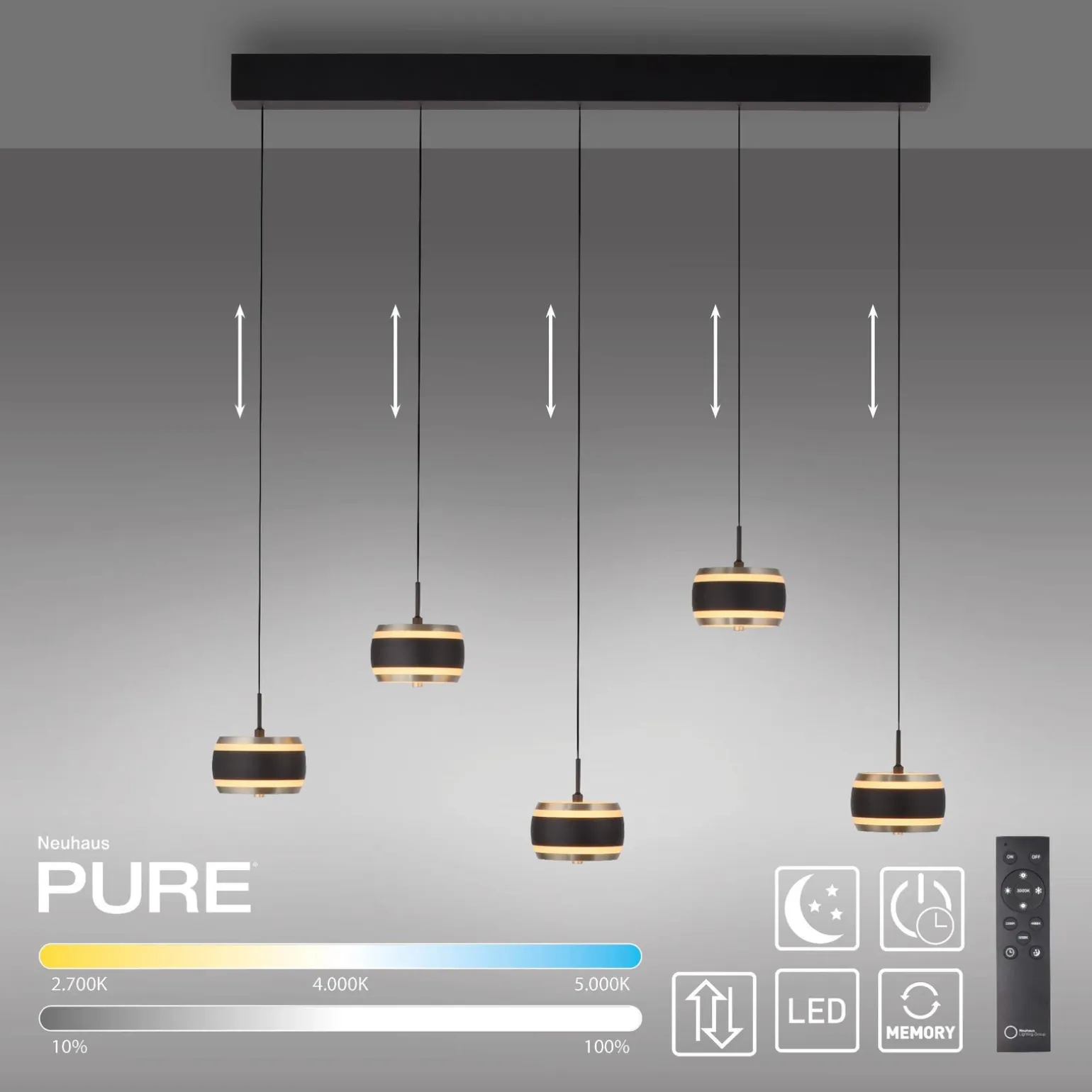 Lampa na pilota, z regulacją światła i wysokości PURE FALLING RINGS CZARNA (2504-18) - Paul Neuhaus