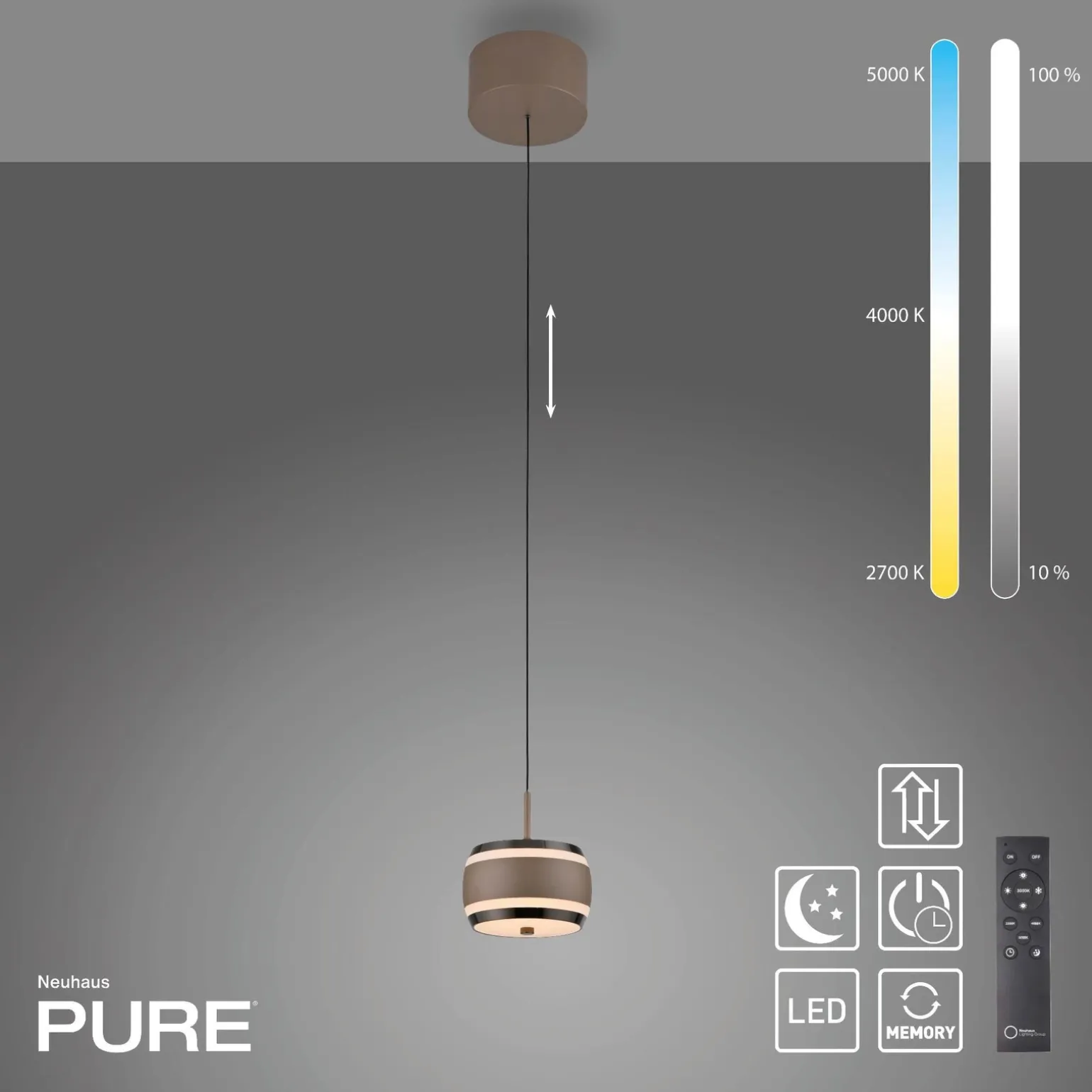 Lampa na pilota, z regulacją światła i wysokości PURE FALLING RINGS BRĄZOWA/CHROM (2503-97) - Paul Neuhaus