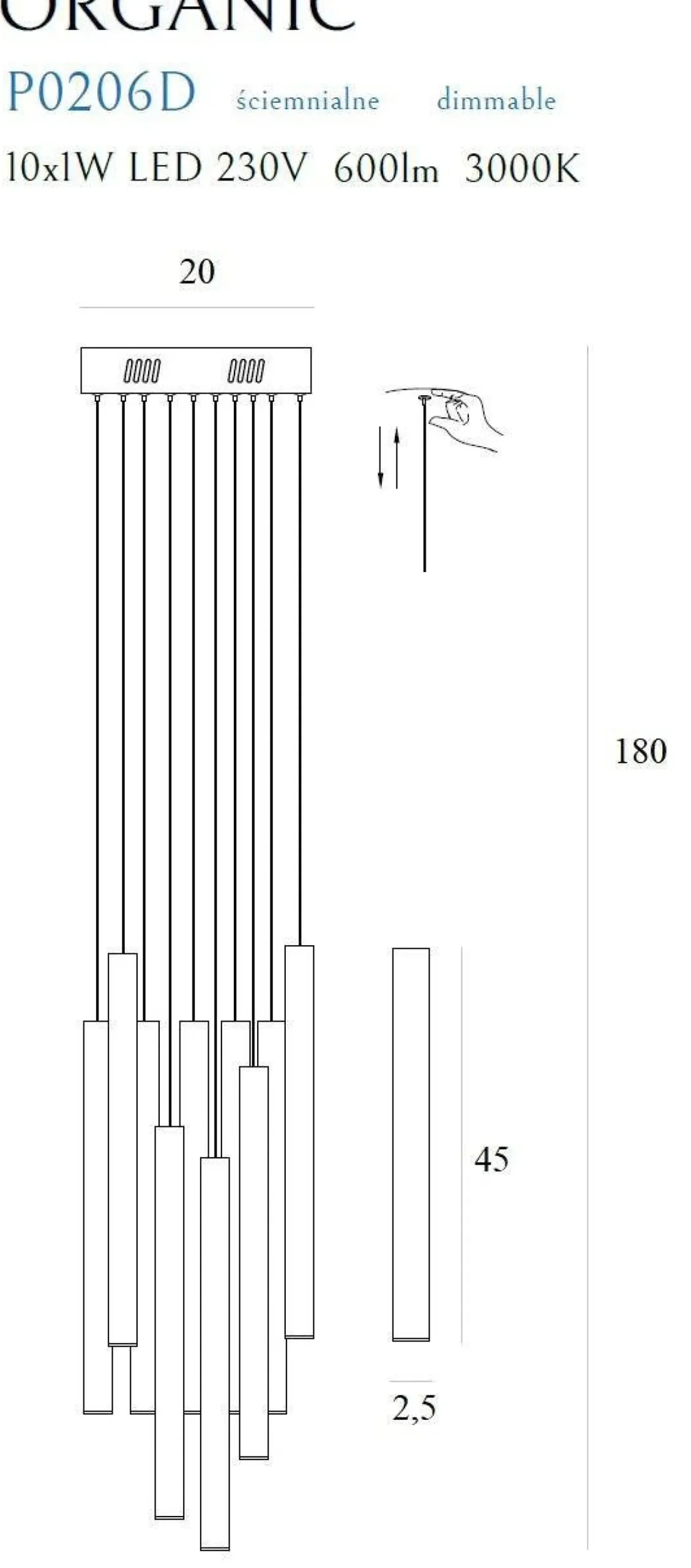 LAMPA WISZĄCA ORGANIC 10x CHROM MAŁA ŚCIEMNIALNA (P0206D) - Maxlight