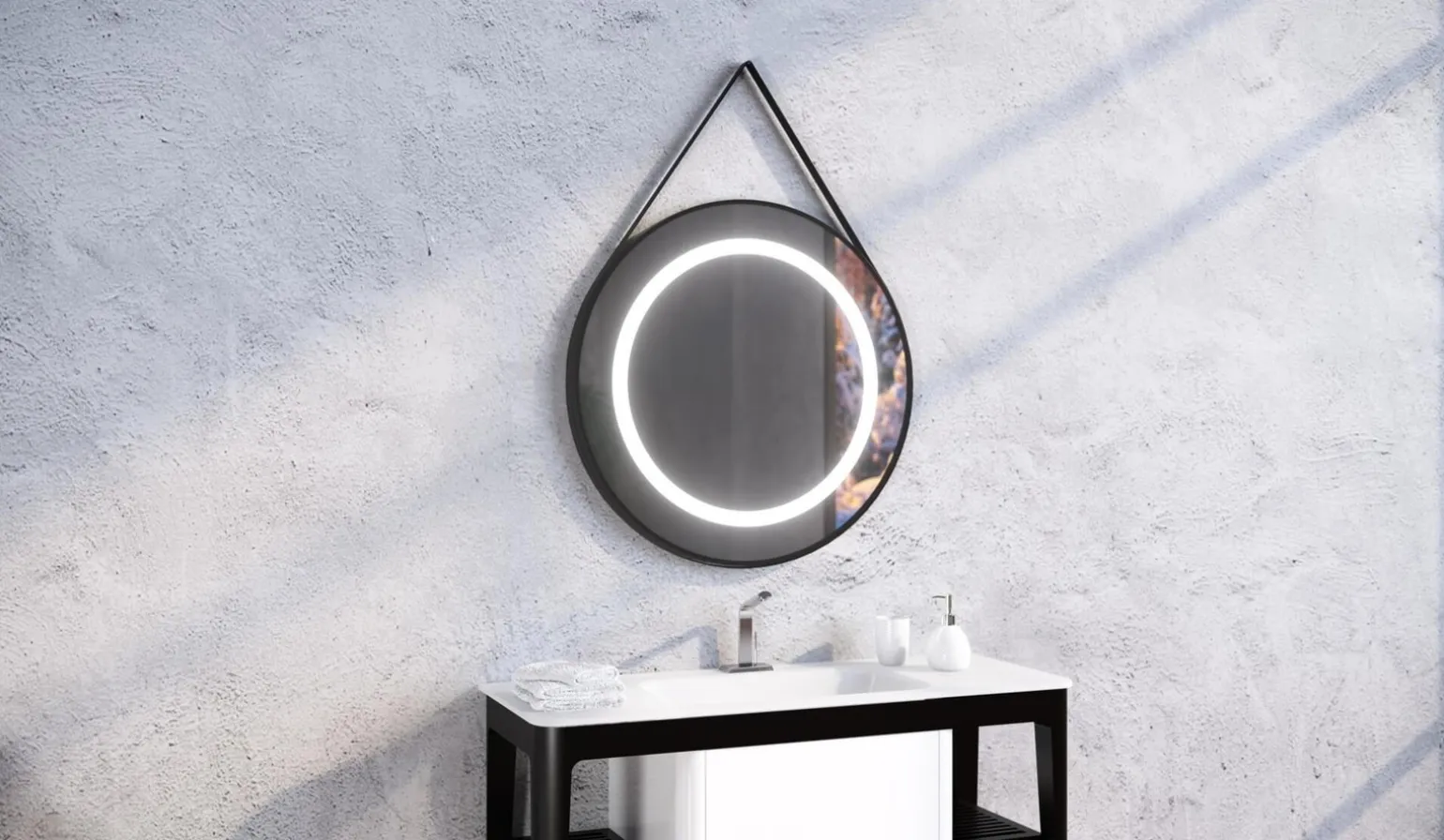 Lustro okrągłe STILO w ramie z oświetleniem LED na skórzanym pasku - MCJ