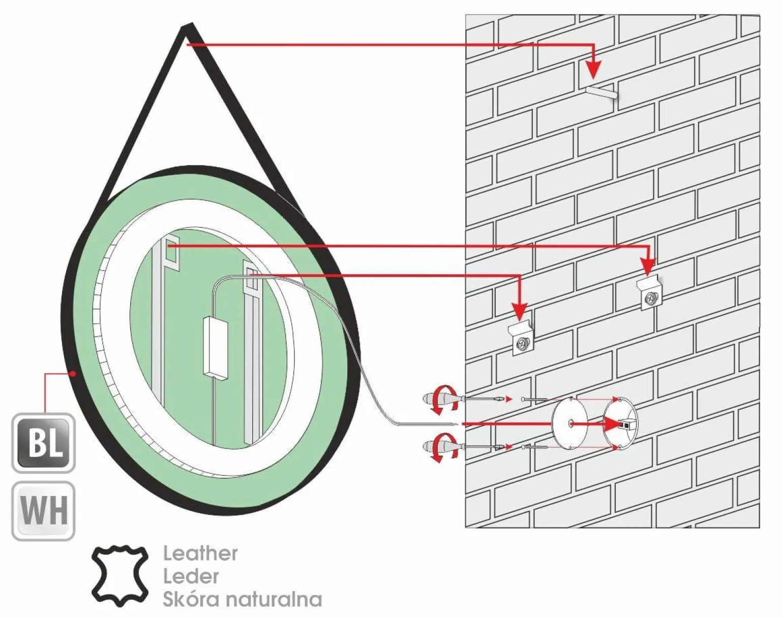 Lustro okrągłe STILO w ramie z oświetleniem LED na skórzanym pasku - MCJ