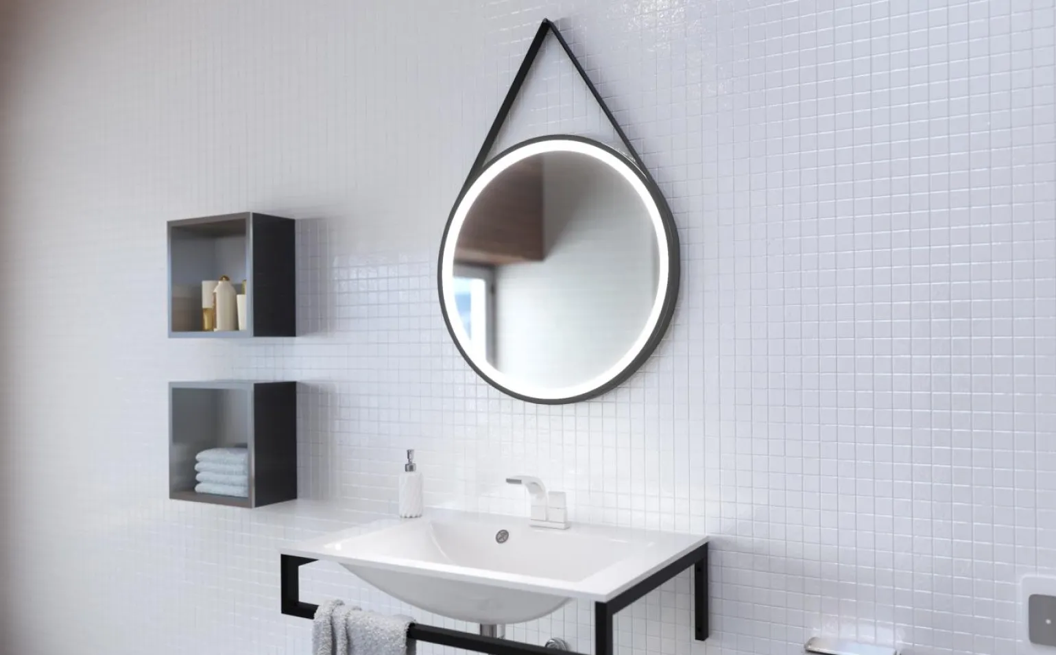 Lustro okrągłe TEXAS w ramie z oświetleniem LED na skórzanym pasku - MCJ