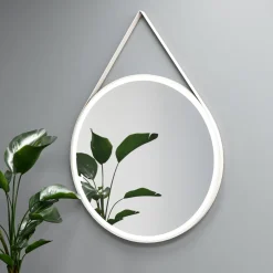 Lustro okrągłe TEXAS w ramie z oświetleniem LED na skórzanym pasku - MCJ