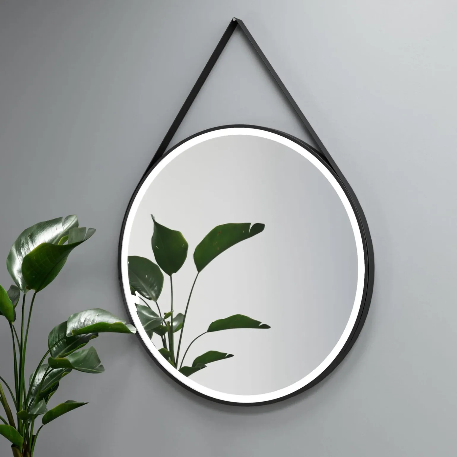 Lustro okrągłe TEXAS w ramie z oświetleniem LED na skórzanym pasku - MCJ